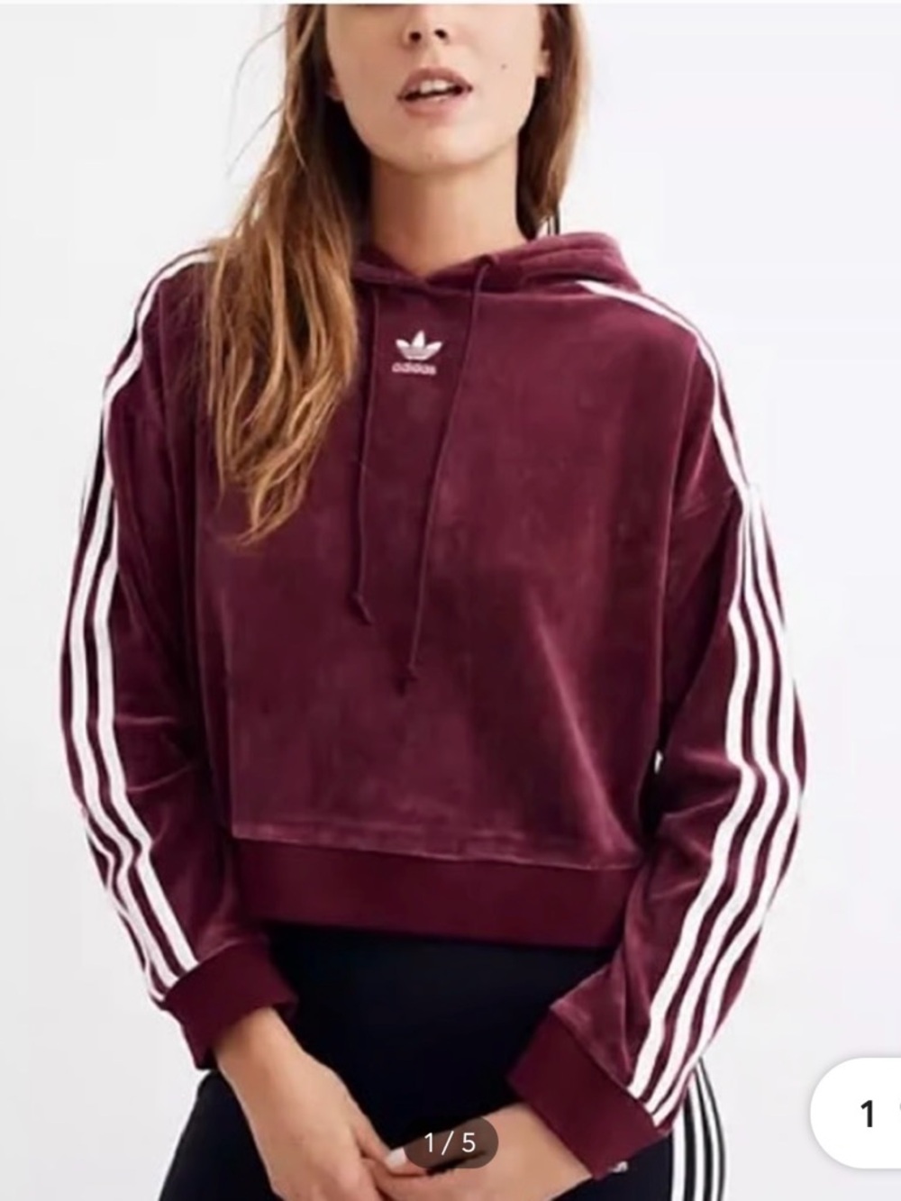 Adidas Women’s Burgundy Velour Crop Hoodie with Iconic 3-Stripes